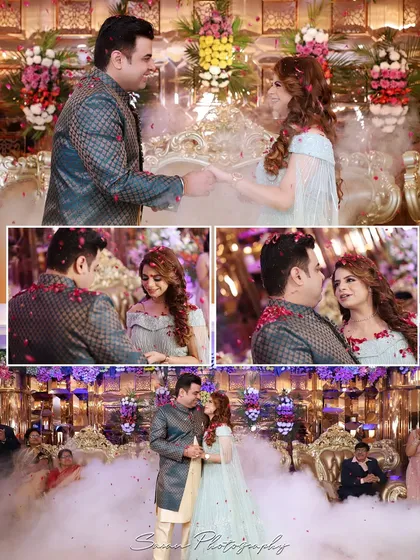 A collage of the ring ceremony, showing the couple on stage surrounded by smoke effects and exchanging rings.