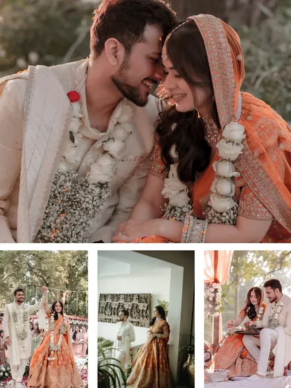 This collection of images paints a picture of a beautiful outdoor wedding. It shows the couple sharing smiles, the bride's grand entrance, and them seated together for the rituals, capturing the warm and intimate atmosphere.