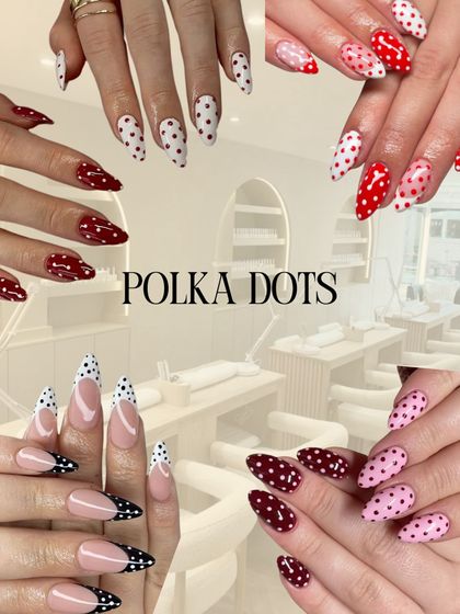 A playful and timeless choice, polka dot nail art can be customized in any color combination. This collage shows various styles, from classic red and white to modern black-tipped French manicures with dots.