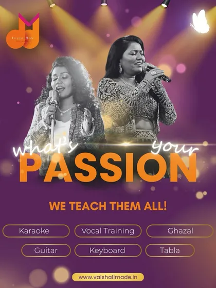What's your passion? This image showcases the variety of courses we teach, including Karaoke, Vocal Training, Ghazal, Guitar, Keyboard, and Tabla. We have a path for every musical interest.
