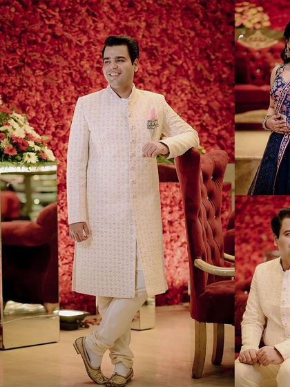 A collage of portraits of the groom, Saksham, looking dapper in his engagement attire.