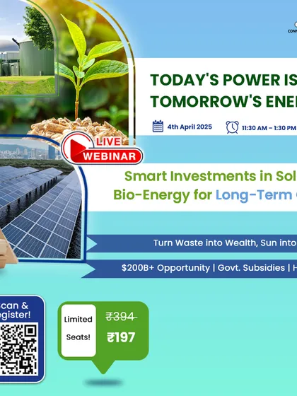 This webinar ad highlights India's goal of reaching 500 GW of renewable energy by 2030. It positions our expert-led session as the gateway for entrepreneurs to become part of this clean energy revolution in solar and Bio-CNG.