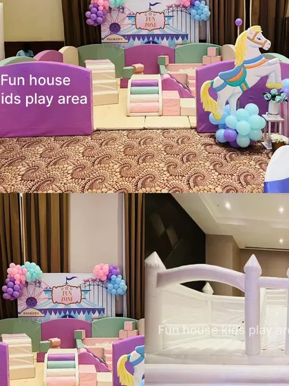 A carnival-themed indoor setup featuring our pastel soft play area and a glimpse of the white bouncy castle, ready for a fun-filled event.