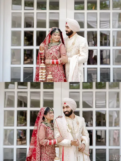 A collage of the couple posing for portraits. Their coordinated red and ivory outfits look stunning against the classic white background.