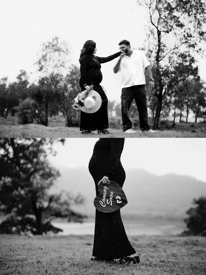 A black and white collage showing a romantic hand kiss and a solo portrait of the mom-to-be with her announcement sign, both set against a beautiful natural backdrop.