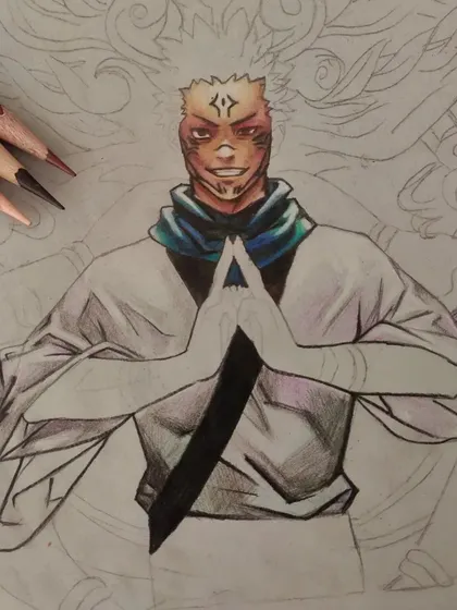 A work-in-progress of Sukuna from the anime Jujutsu Kaisen. This shows the initial coloring of the face and clothes before the background and finer details are added.
