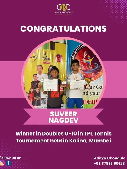 Congratulations to Suveer Nagdev, winner in the Doubles U-10 TPL Tennis Tournament. Teamwork and skill lead to victory.