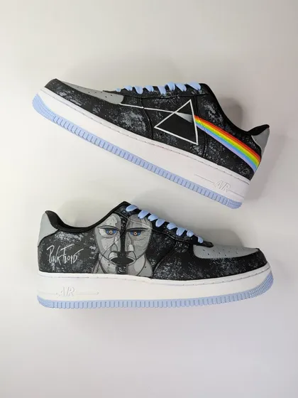 I transformed this pair of Nike Air Force 1s with iconic Pink Floyd album art. Featuring The Division Bell and The Dark Side of the Moon, these kicks are a must-have for any classic rock fan.