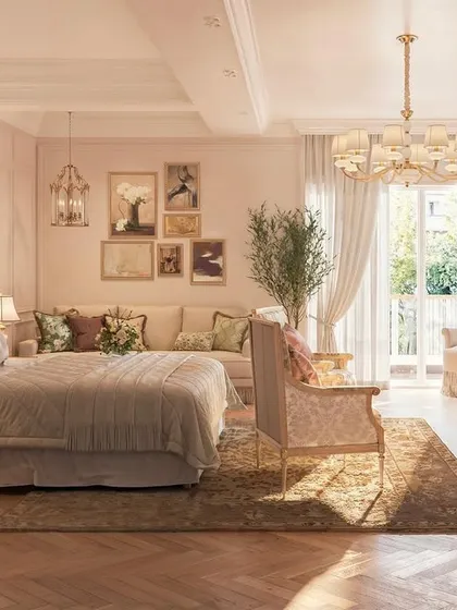 The soft, warm light in this bedroom creates a tranquil and inviting ambiance. A comfortable sofa at the foot of the bed provides an extra space for lounging, making the room a true retreat.