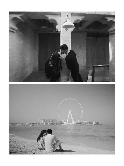 Two distinct scenes from Dubai in black and white. This shows how monochrome can capture both intimate indoor moments and grand, scenic beach views with equal power.