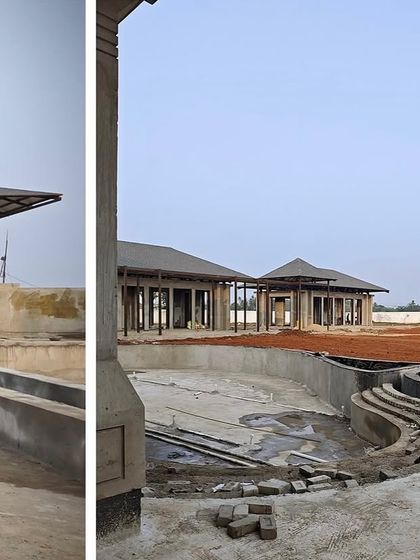 The poolside area of the Bhubaneswar villa under construction. The curved forms of the pool and surrounding hardscaping are visible, hinting at the future oasis that will complement the luxury and comfort of the main residence.