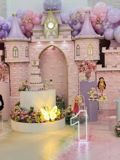 Another angle of our stunning princess castle, showing the beautiful floor decal and the arrangement of dessert tables, creating a complete and immersive scene.