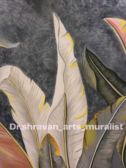 A greyscale tropical mural with subtle hints of color and gold. This piece has a moody, artistic feel, perfect for a space that needs a touch of nature's drama.