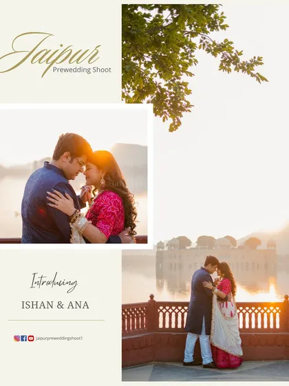An introductory image for Ishan and Ana, featuring a romantic sunset shot at Jal Mahal, one of our most requested pre-wedding photo opportunities.