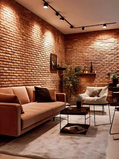 In this project, I used exposed brick on multiple walls to create a cohesive, warm, and industrial-inspired living room, enhanced by modern track lighting.