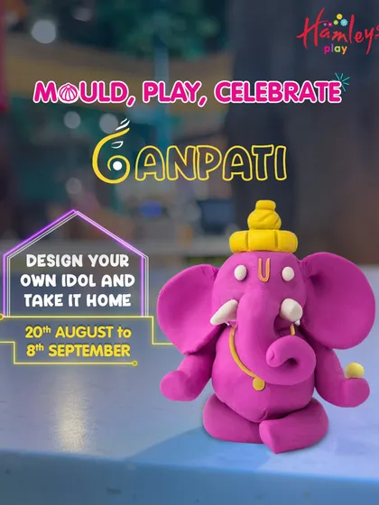 Mould, play, and celebrate Ganpati! This poster announces our popular workshop where kids can design their own clay idol and take it home for the festival.