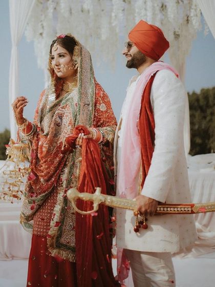 The bride and groom standing together during their Anand Karaj, a portrait of grace and tradition.