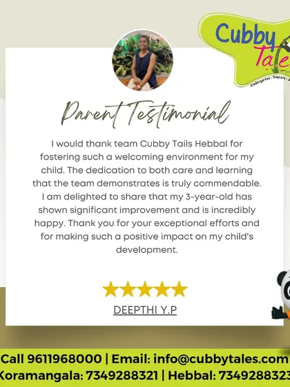 We are so grateful for feedback like this from our Cubby Tales family. It reinforces our commitment to creating a welcoming, safe, and enriching environment where every child can flourish and show significant improvement.
