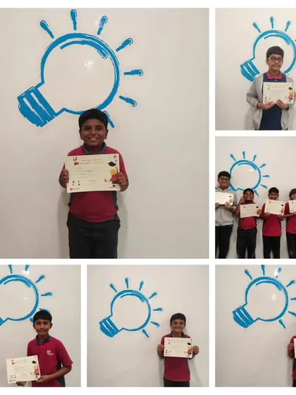 A collage of students from Vidyashilp Academy proudly displaying their certificates of completion for our LEGO Education program.