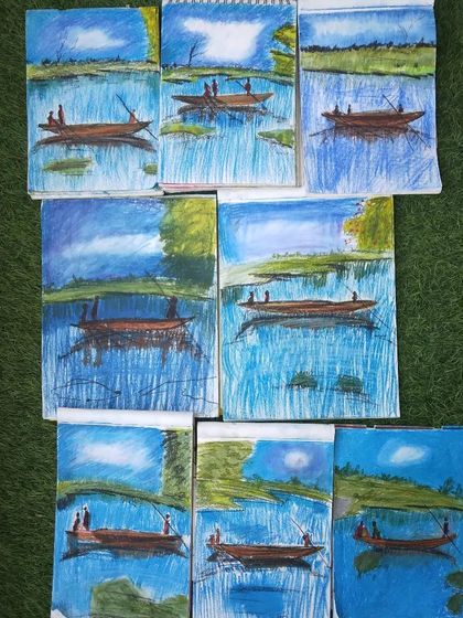 Collages showing the amazing variety of oil pastel drawings from our classes, from flowers and animals to landscapes and festive themes.