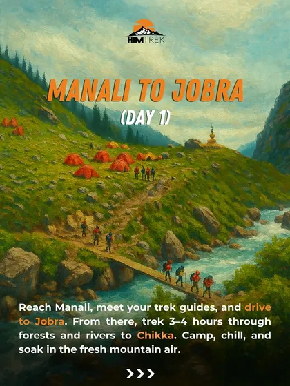 Day 1 of the Hampta Pass trek involves a drive to Jobra and a short hike to the Chikka campsite. It's a gentle start to an epic journey.