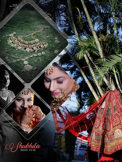 An artistic collage for the "Bride to Be," featuring her portraits and details like her necklace and lehenga.