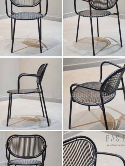 Multiple views of our versatile and durable black stackable outdoor chair. It's a perfect, no-fuss solution for cafes, restaurants, or extra seating at home.