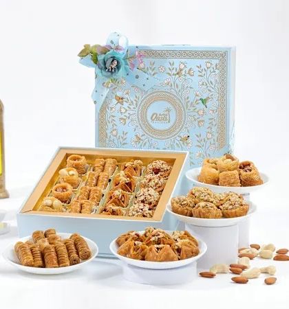 Our Royal Delight Hamper in a stunning sky-blue box. This gift set features a wide assortment of our best baklava, perfect for major festivals like Rakhi and Diwali.