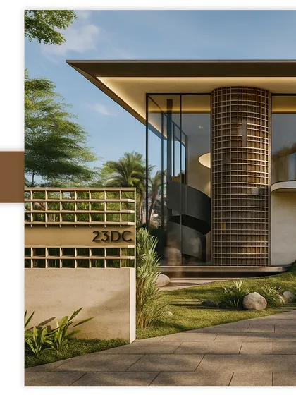 The entrance to Obsidian X in Sydney features a distinctive cylindrical element with a wooden lattice screen. This detail adds texture and partial privacy to the glass-walled structure, hinting at the spiral staircase within and setting a tone of sophisticated modern design.