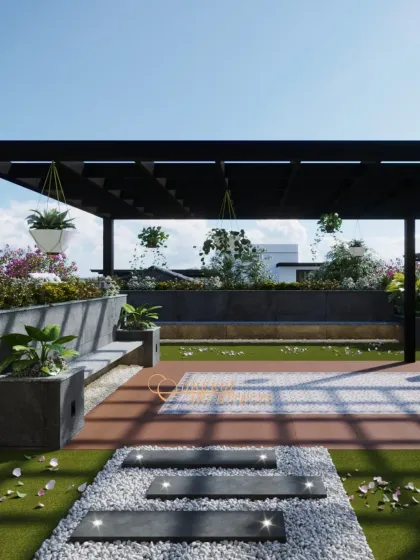 The design includes a mix of materials, from the artificial lawn and wooden deck to the stone pavers, creating a visually interesting and functional outdoor space.