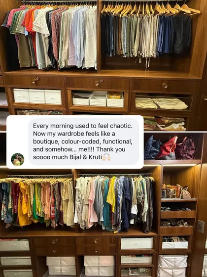 This collage showcases different angles of a comprehensive walk-in closet organization, highlighting the client's joy at having a space that feels like a boutique.