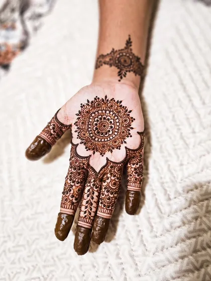 A classic and timeless choice. This design features a single, intricate mandala on the palm with a matching wrist cuff.