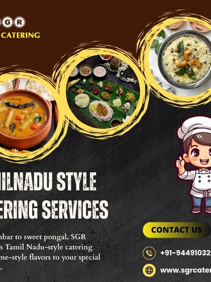 From sambar to sweet pongal, our Tamil Nadu style catering offers home-style flavors for your special occasions. This collage, featuring a chef cartoon, emphasizes our friendly and expert service.