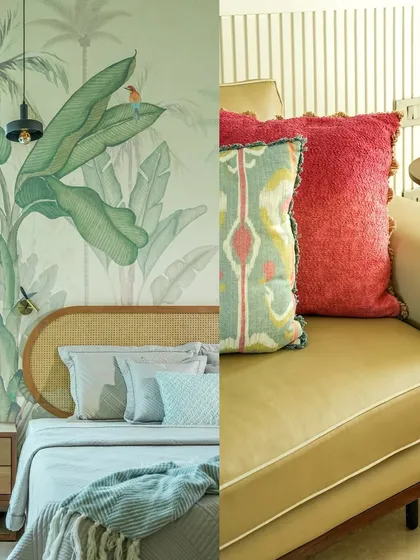 For this bedroom shoot, I highlighted the serene and stylish design featuring a beautiful tropical-themed wall mural. This split-image composition contrasts the calm sleeping area with a vibrant, colorful seating nook, demonstrating how I capture different moods within a single cohesive space.