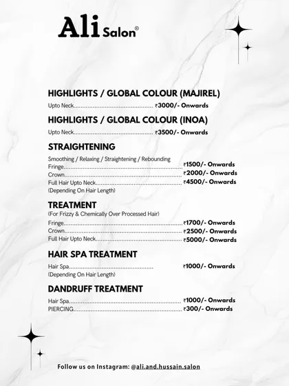 My service menu. Here you can find a list of my primary services, including highlights, global color, straightening, various treatments, and hair spa, along with starting prices.