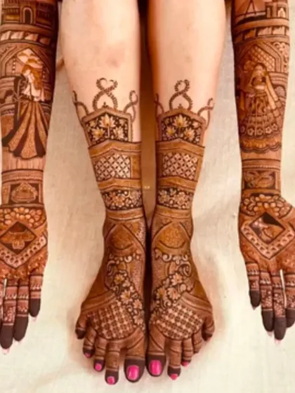 Full hands and feet coverage featuring storytelling elements, including bride and groom figures.