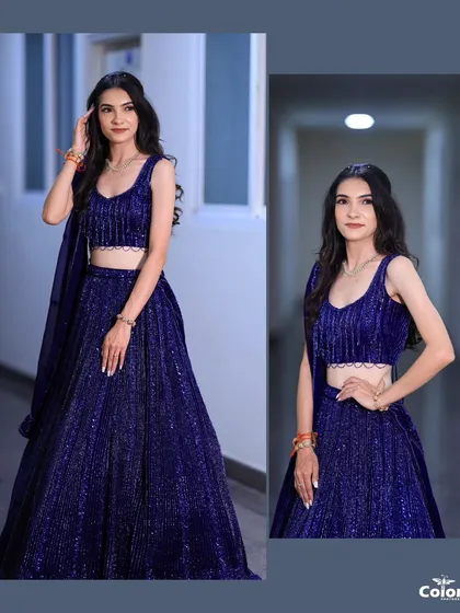 A diptych of the bride, showcasing her beautiful blue reception outfit from different angles.