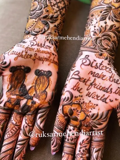 Another shot of the friendship-themed mehendi, perfect for best friends or sisters.