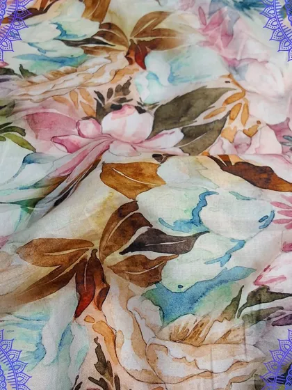 A beautiful cotton fabric with a watercolor-style floral digital print. The soft blend of colors makes it a very artistic and unique choice for your designs.