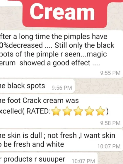 A fantastic review covering multiple concerns. My Magic Serum helped decrease pimples by 90%, and the Foot Crack cream received a 5-star rating.