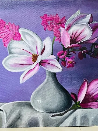 A still life composition of magnolia flowers, showcasing a soft and romantic color palette. I painted this to capture the gentle unfolding of petals and the quiet grace of flowers in a simple vase.