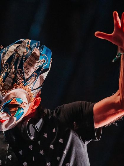 A close-up of Boris Brejcha's intricate mask, a key part of his unique artistic identity.