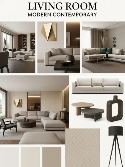 A mood board for a modern contemporary living room, where clean lines, muted neutrals, and sculptural accents come together for a timeless look.