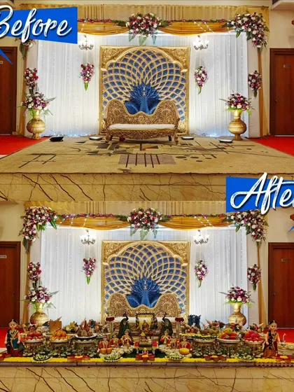 A before-and-after view of a baby shower stage, showcasing the dramatic transformation with my traditional plate decoration.