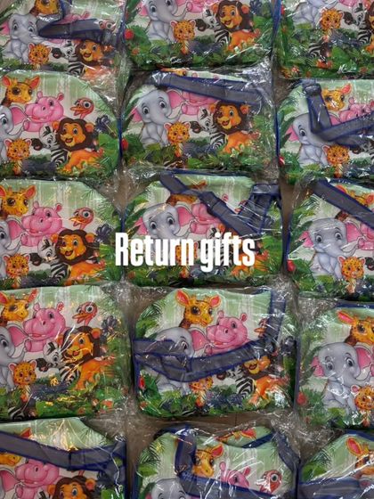Thoughtful return gifts for a jungle-themed party. These cute animal-print bags are perfect for young guests.