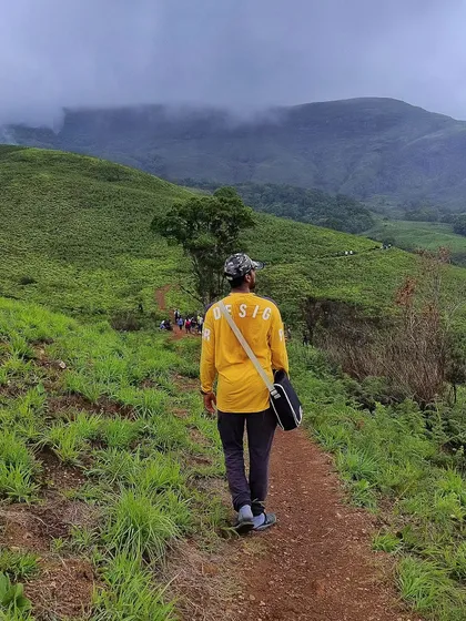 A lone trekker walks along a path in Kudremukh National Park, showcasing the vastness and solitude one can find on our trips.