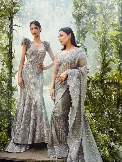A closer look at the grey gown and saree from the Lenora collection. The detailed embroidery and unique silhouettes highlight the designer's commitment to craftsmanship and modern design.