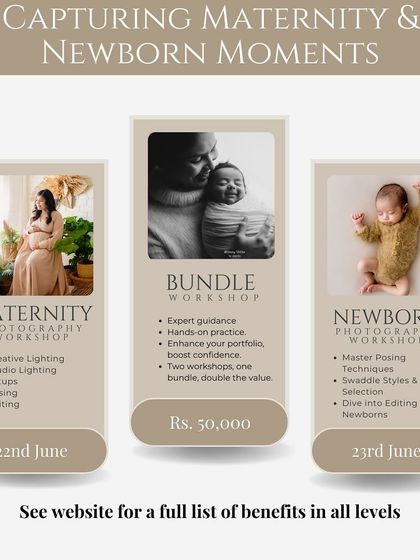 A graphic detailing the bundle workshop for Maternity & Newborn photography with pricing.
