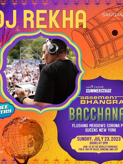 A poster featuring me for the Basement Bhangra Bacchanal. This branding firmly places the event in my home borough of Queens, connecting the party to its geographical and cultural roots.