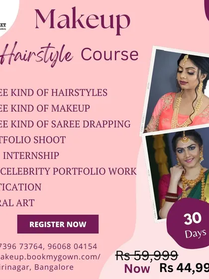 My 30-Day Pro Makeup and Hairstyle Course is perfect for those ready to start their professional journey. This graphic shows you everything included, from learning three distinct makeup and hairstyle looks to saree draping, a paid internship, and even a portfolio shoot with a celebrity to give your career a real boost.
